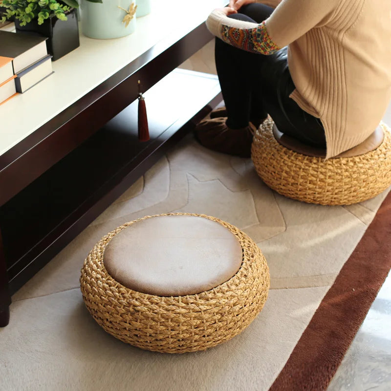 Knitted Rattan Round Pouf