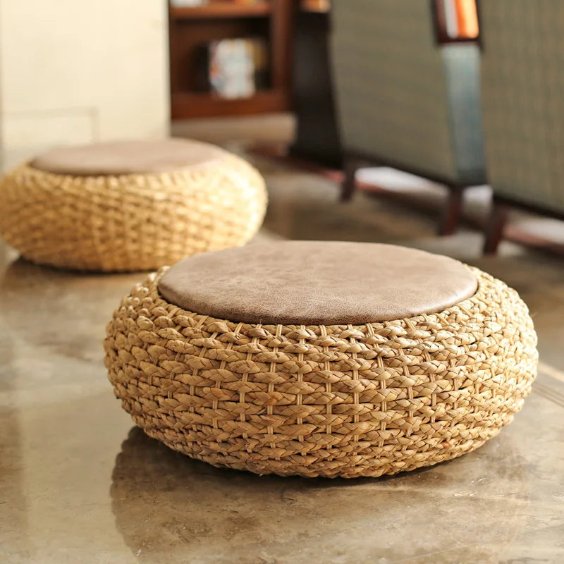 Knitted Rattan Round Pouf
